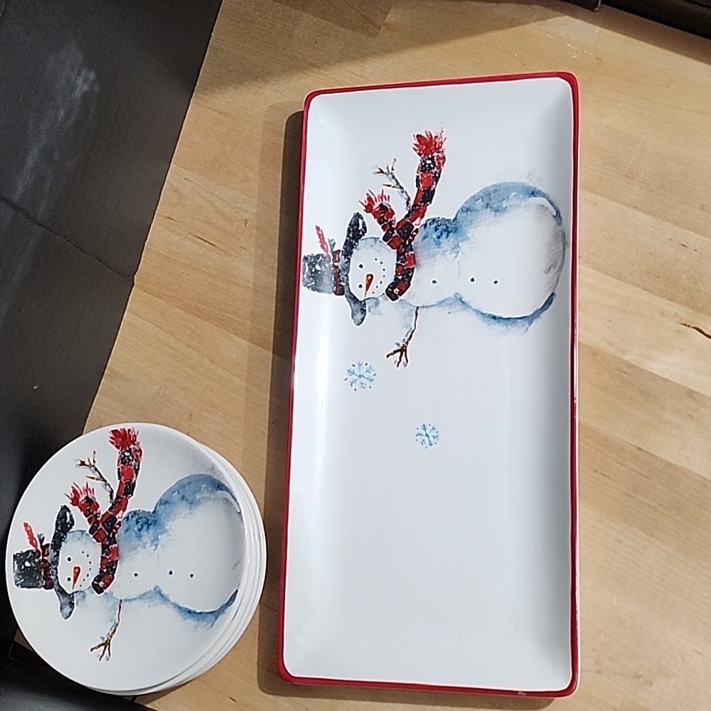 Old Timey Snowman In Hat: Set of 4 Appetizer/Dessert/Bread Plates & 14" Platter